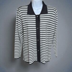 Exclusively Misook Collared Cardigan Button Up Medium Black White Geometric EUC